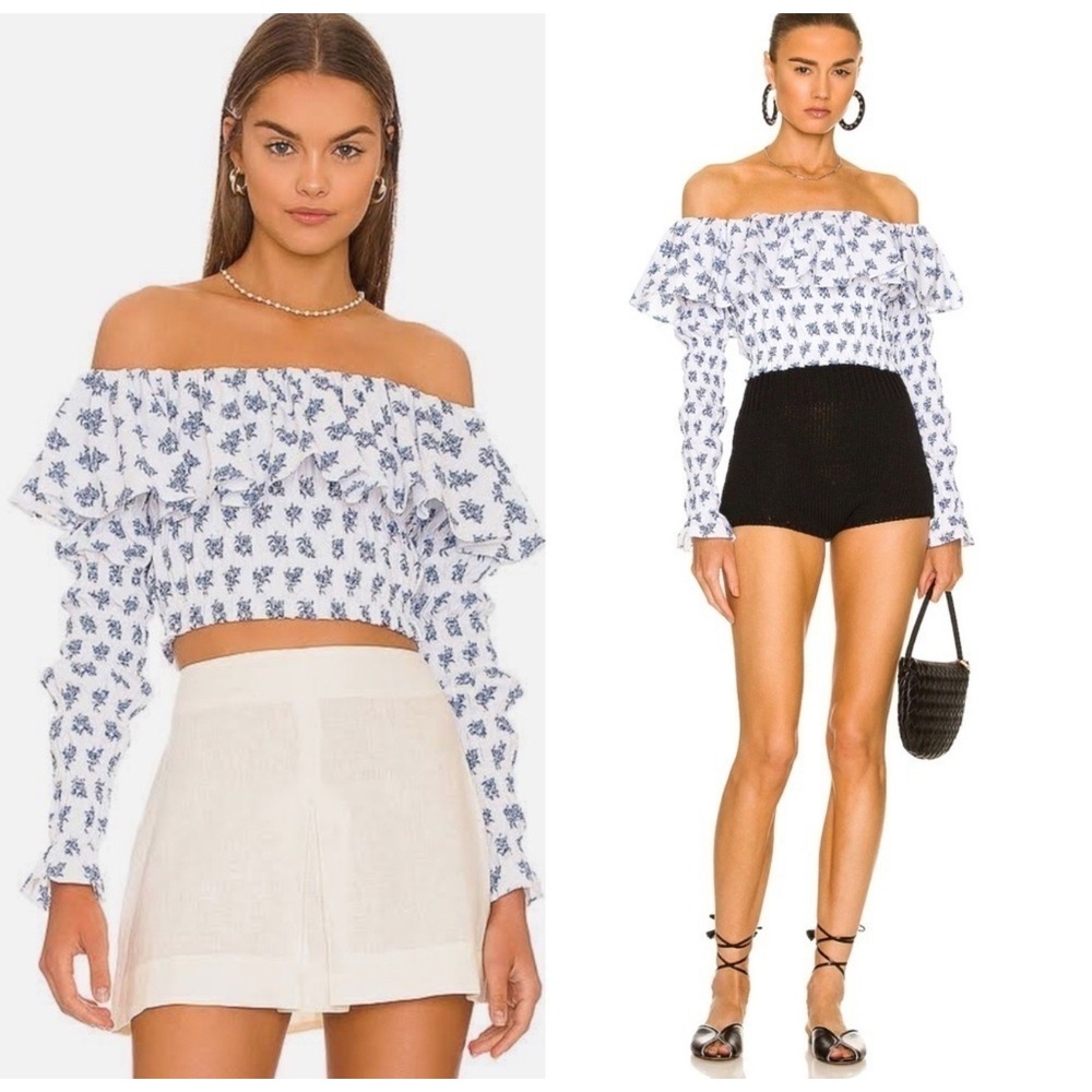 NWT Caroline Constas Lydia Blue Toile Off the Shoulder Top Sz‎ XXS $395